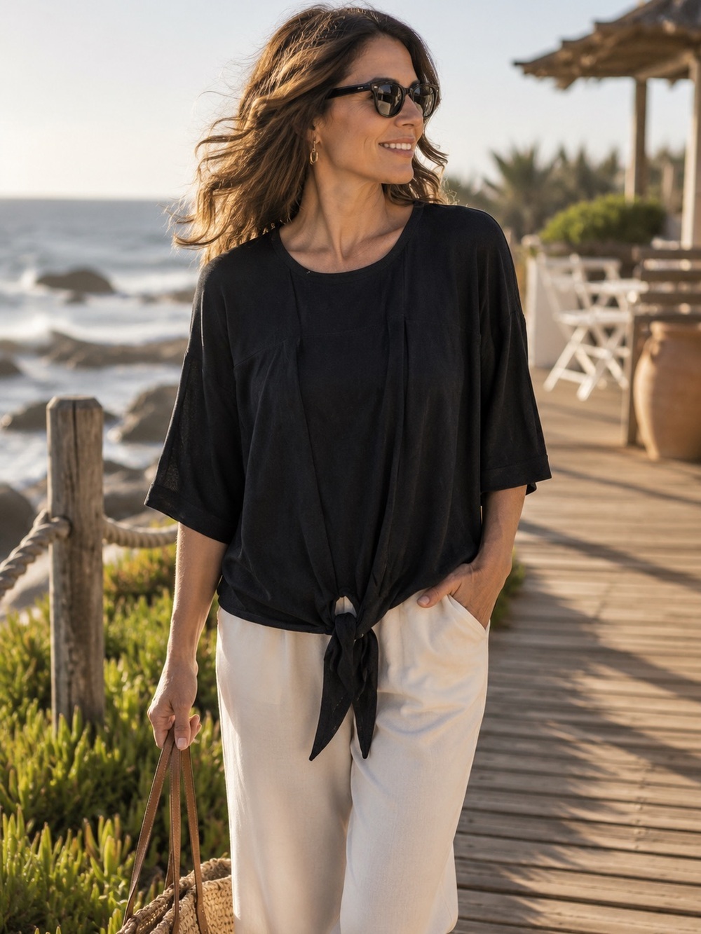 Chicos Travelers Collection Black Front Tie Draped Top  Size 3 Minimalist Chic